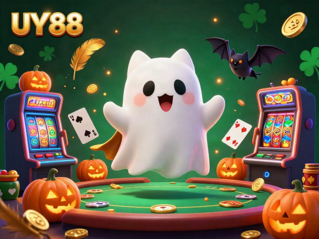 Experience thrilling gameplay with UY 88, showcasing vibrant slots, poker, and a ghostly casino atmosphere.