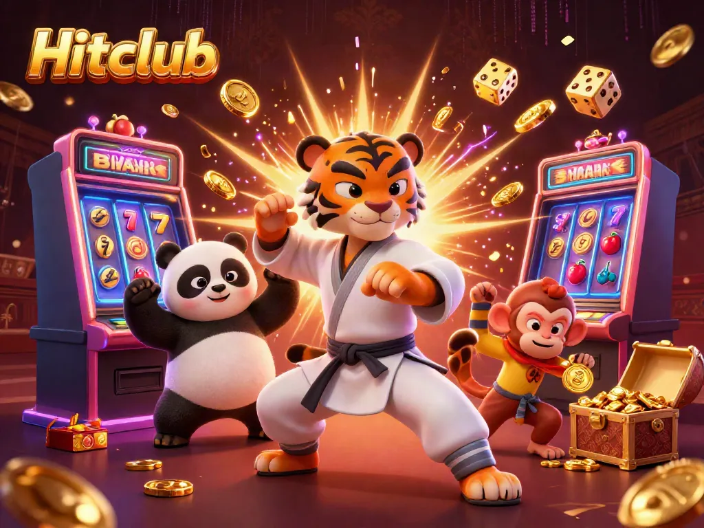 Experience the thrilling excitement of Hitclub with a masterful tiger, panda, and monkey in this vibrant casino scene.