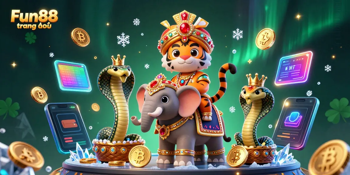 Engage with Fun88 trang chủ in this vibrant 3D casino scene filled with crypto-themed elements.