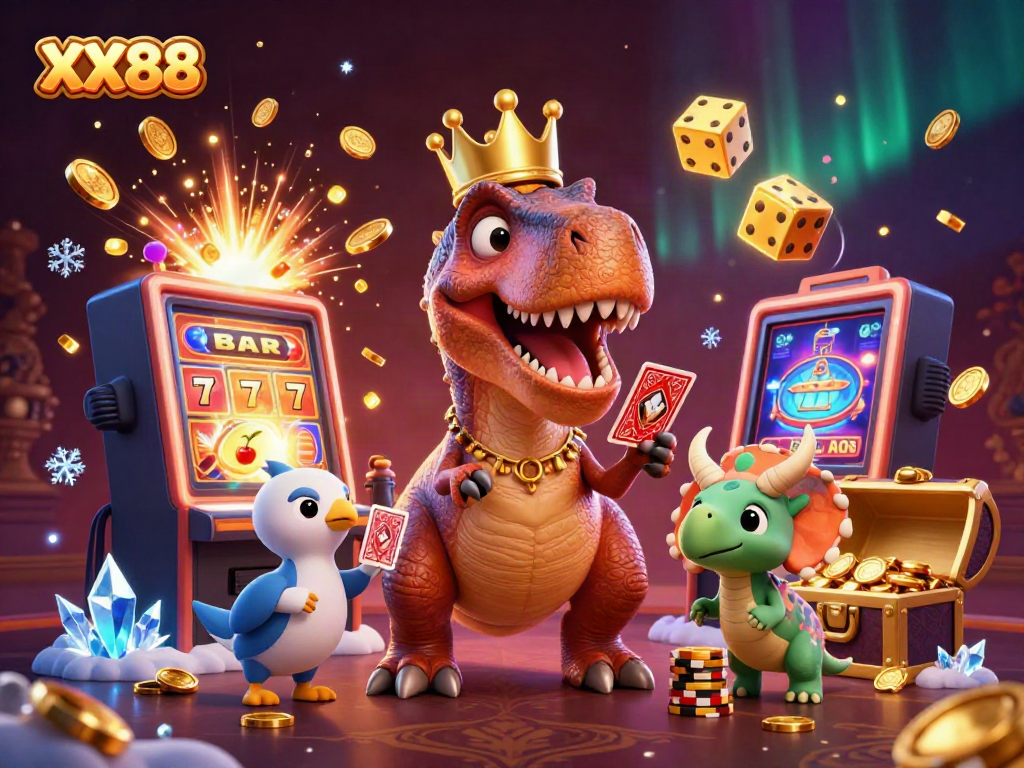 Engaging scene with XX88's T-Rex character shuffling cards amidst a vibrant casino backdrop.