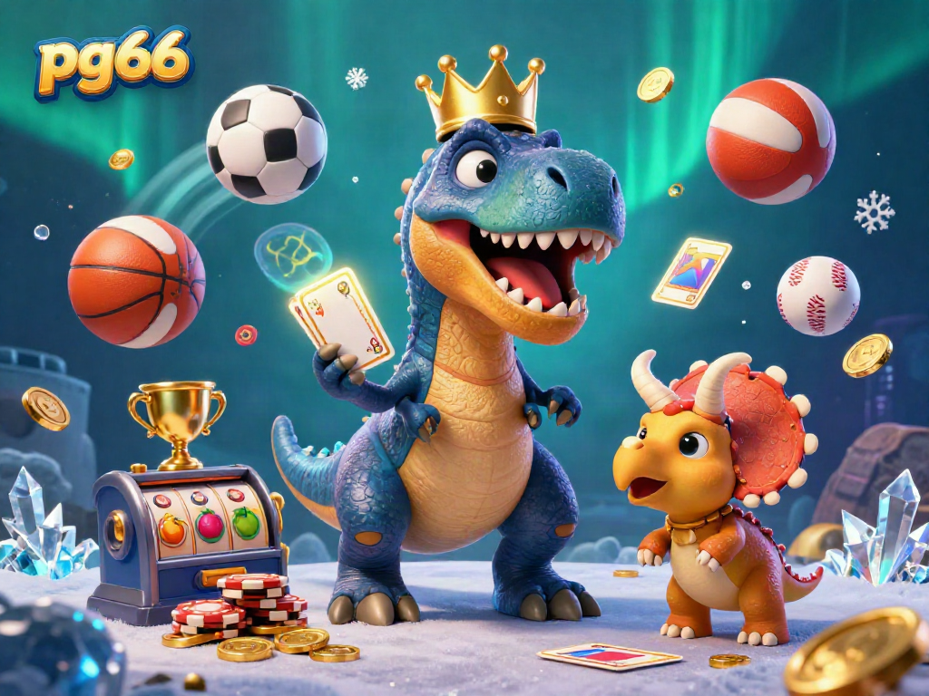 Join the casino fun at pg66, featuring a friendly T-Rex, sports balls, and vibrant gambling elements.