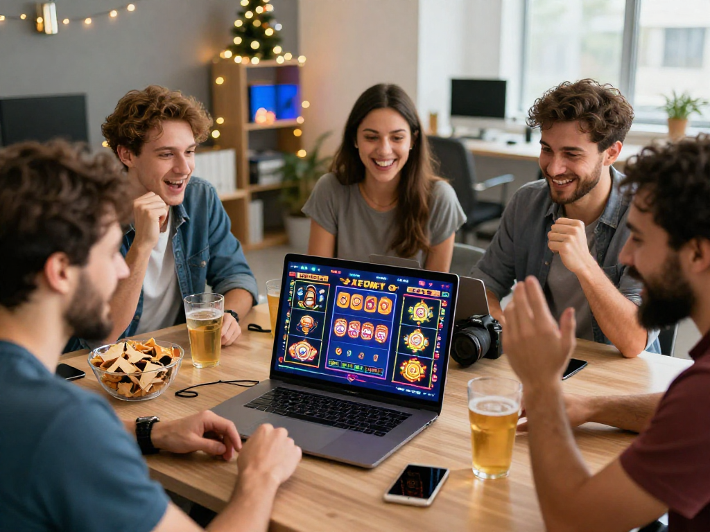 I migliori casinò online in un'atmosfera festiva con amici entusiasti attorno a un laptop.