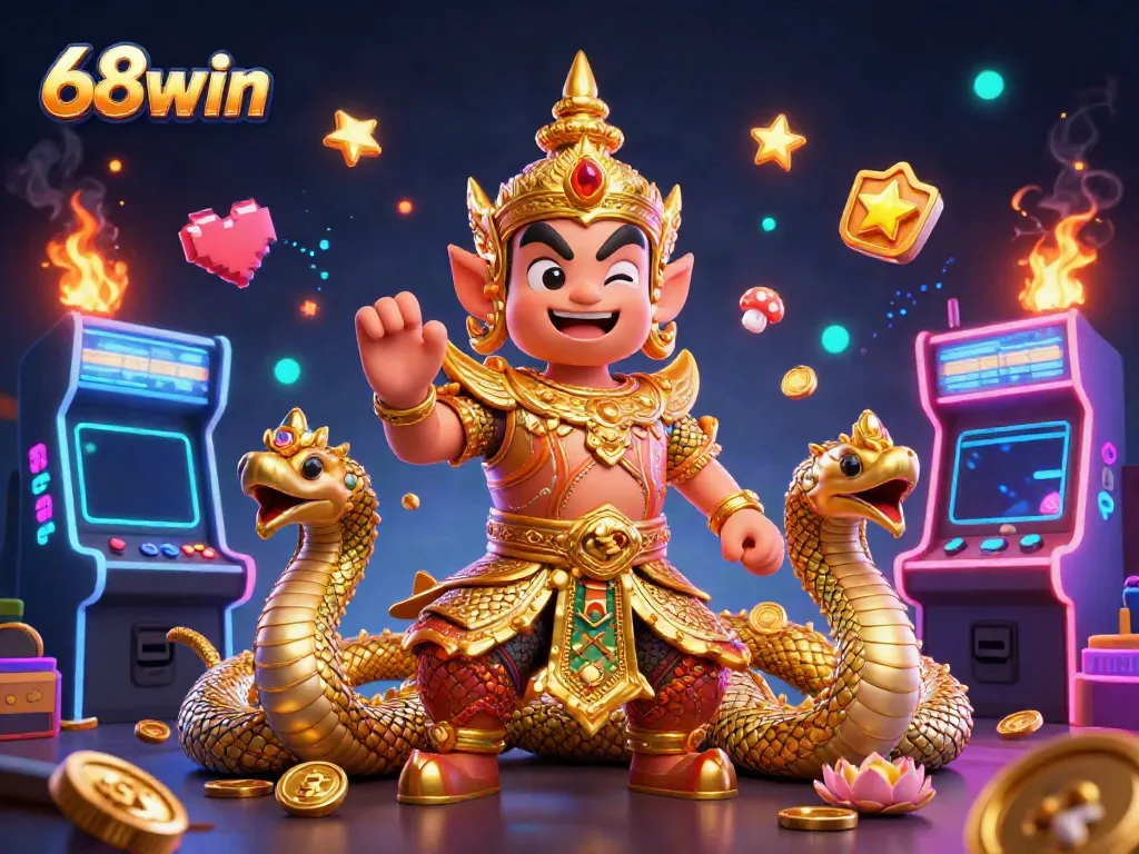 Experience thrilling gaming moments with 68win’s vibrant casino scene featuring a cheerful yaksha guardian.