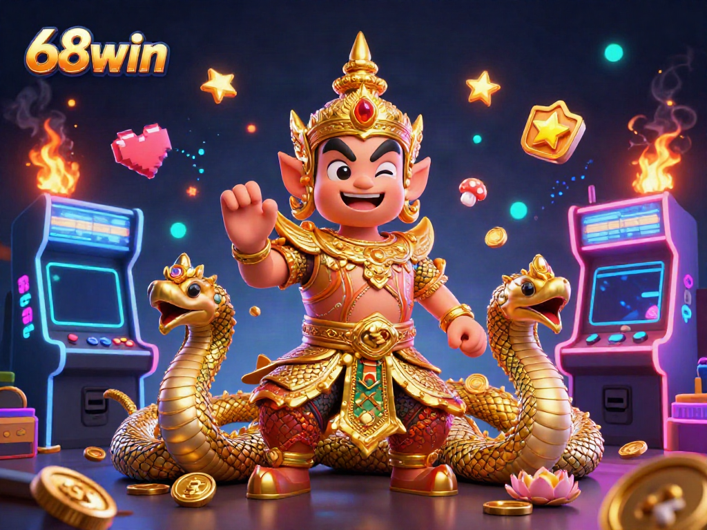 Experience thrilling gaming moments with 68win’s vibrant casino scene featuring a cheerful yaksha guardian.