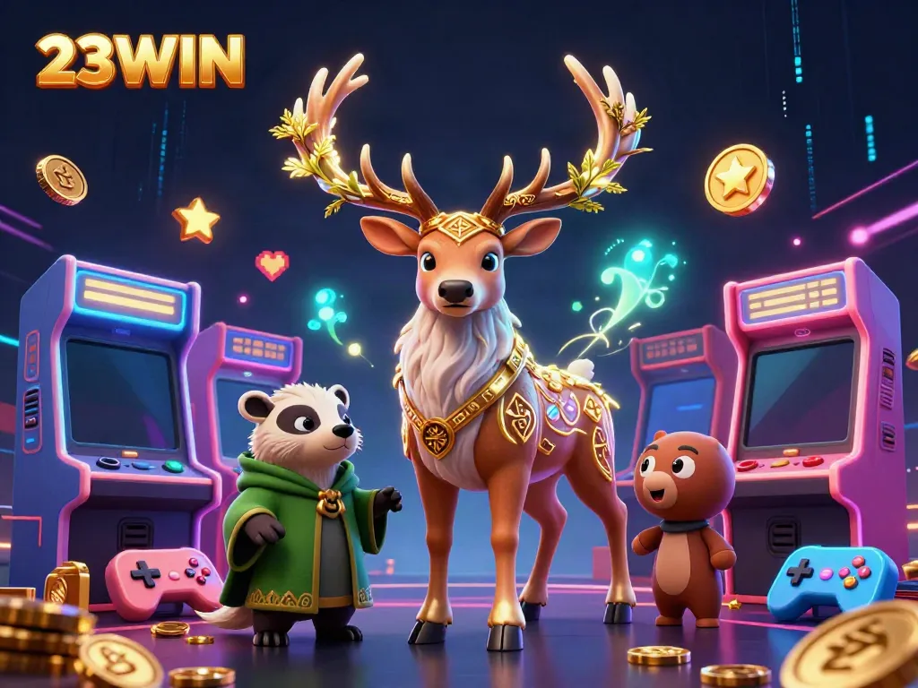 Experience thrilling casino gameplay with 23WIN's vibrant 3D digital illustration showcasing dynamic characters and game elements.