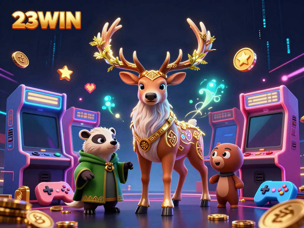 Experience thrilling casino gameplay with 23WIN's vibrant 3D digital illustration showcasing dynamic characters and game elements.