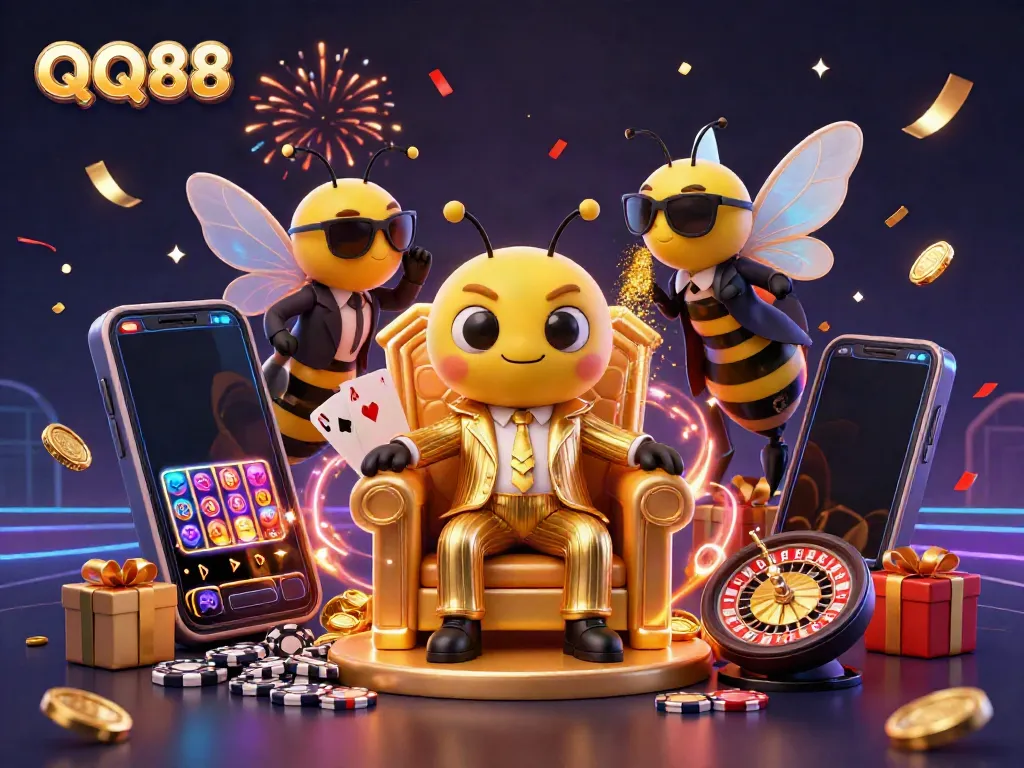Experience the buzz of QQ88 with a cartoon mob boss and his bodyguards amidst vibrant casino elements.