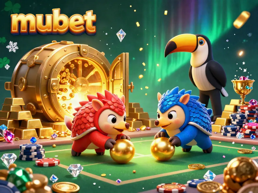Engage with mubet's dynamic casino scene featuring rival pangolins amidst poker chips and golden treasures.
