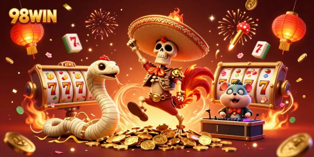 Celebrate with 98WIN as the lively characters engage in victorious dance amidst vibrant casino elements.