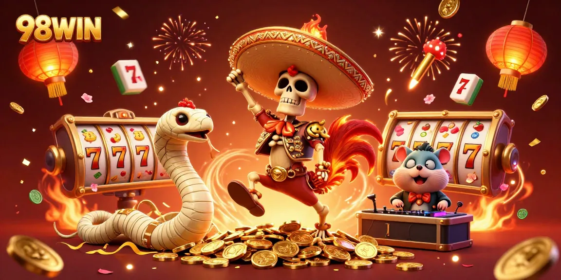 Celebrate with 98WIN as the lively characters engage in victorious dance amidst vibrant casino elements.