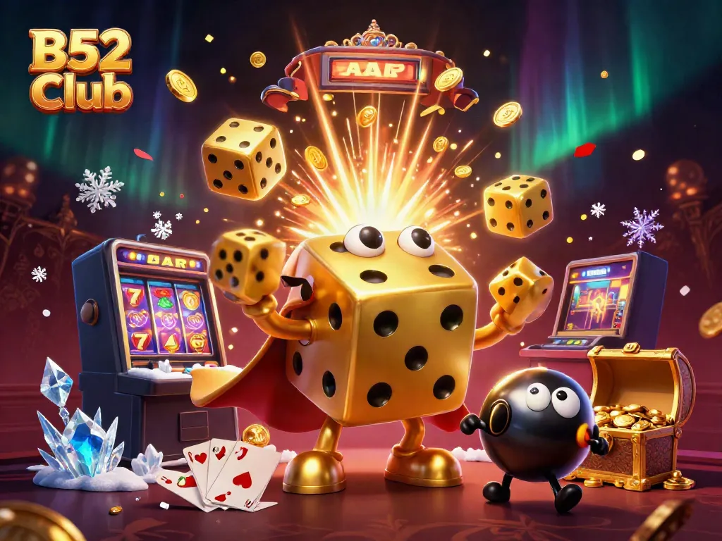 Experience the excitement of B52 Club with a dynamic casino illustration featuring golden dice and slot machines.