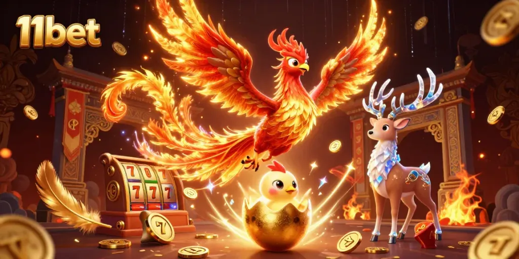 Engage in thrilling games at 11bet, showcasing a fire phoenix and vibrant casino elements.