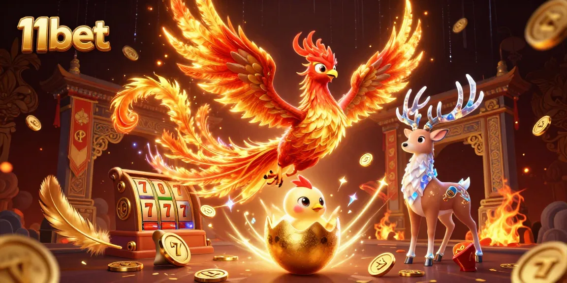 Engage in thrilling games at 11bet, showcasing a fire phoenix and vibrant casino elements.