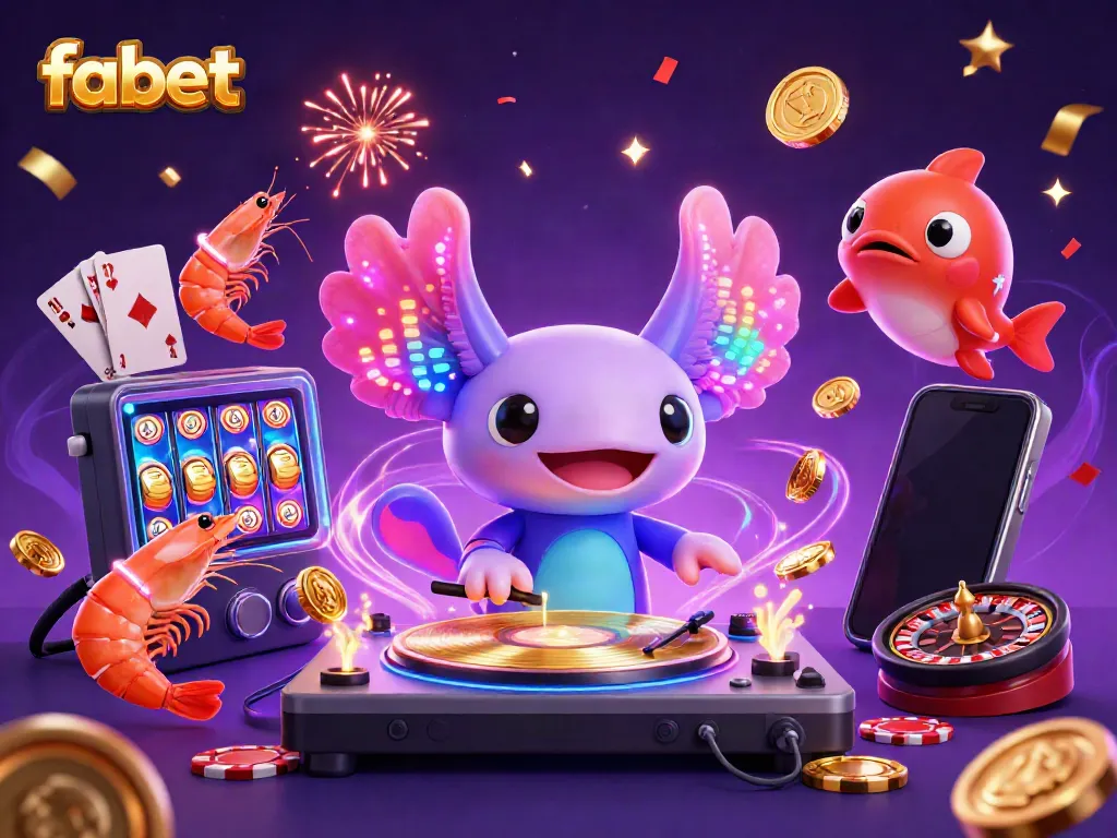 Experience vibrant gameplay with fabet as an axolotl DJ spins records surrounded by casino elements.