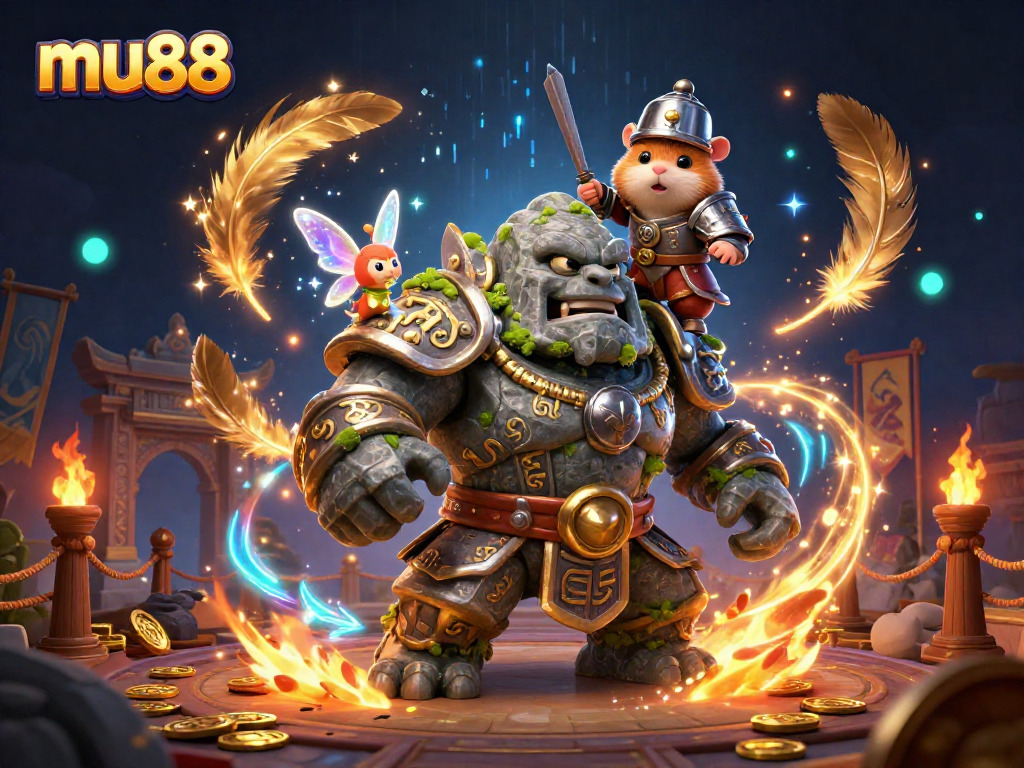 Experience the magic of mu88 with a guardian golem and enchanted elements in a dynamic gambling scene.