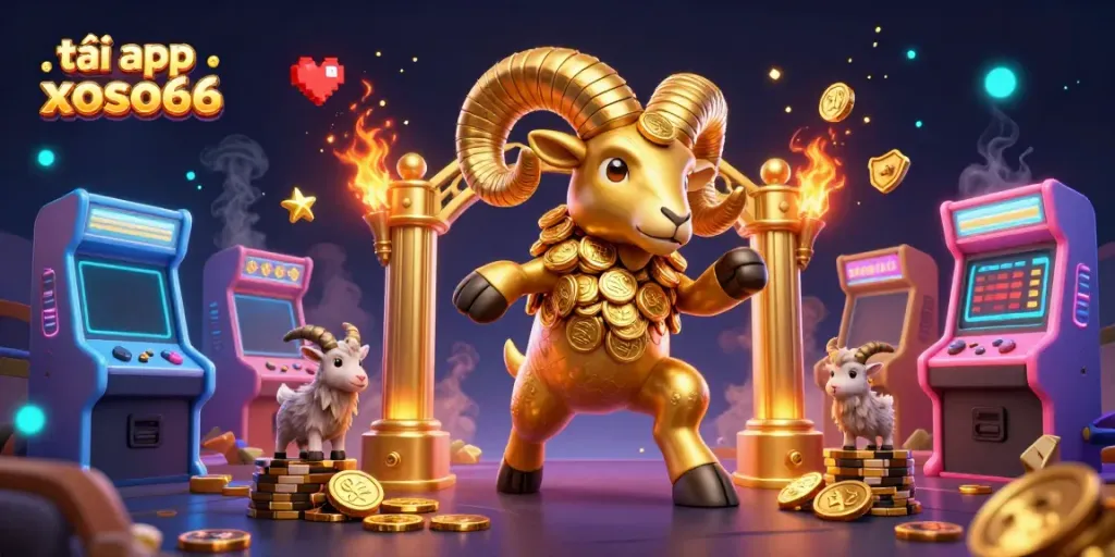Win big with tải app xoso66 featuring a dynamic cartoon illustration of a golden ram charging at a casino gate.