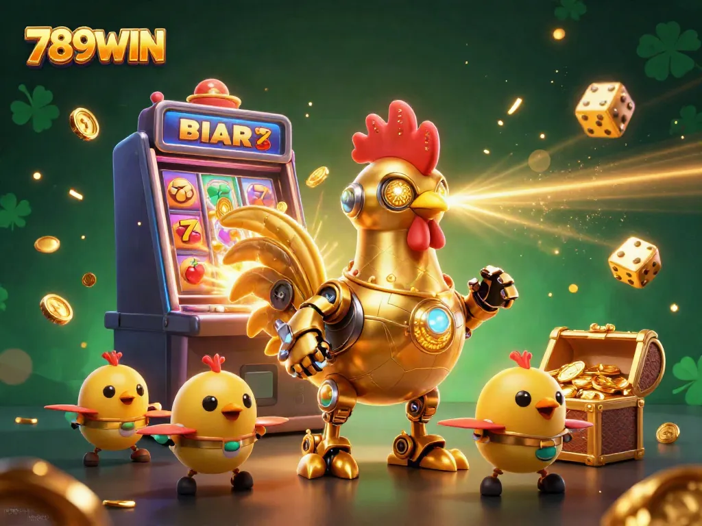 Experience thrilling gameplay as 789WIN's golden rooster robot and baby chick drones engage in a vibrant casino environment.