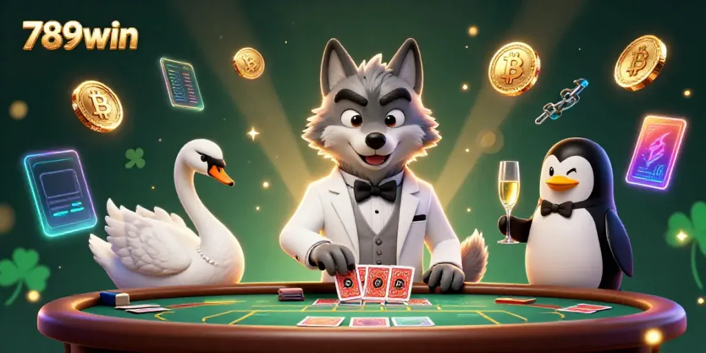 Experience the vibrant gameplay at 789win with a debonair wolf, elegant swan, and sophisticated penguin in a lively casino scene.