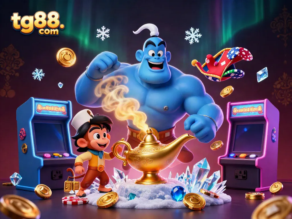 Engage in vibrant gaming with tg88. com featuring a genie, monkey, and poker chips.