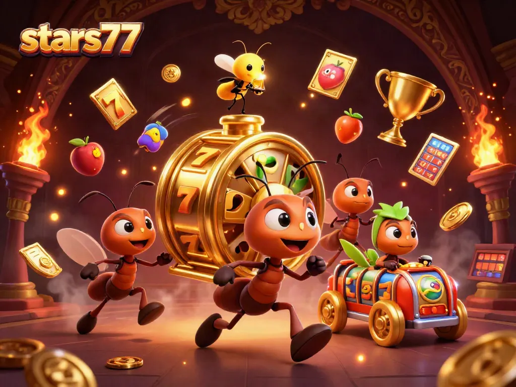 Semut membawa chip slot emas di dunia stars77 yang menegangkan dan ceria.