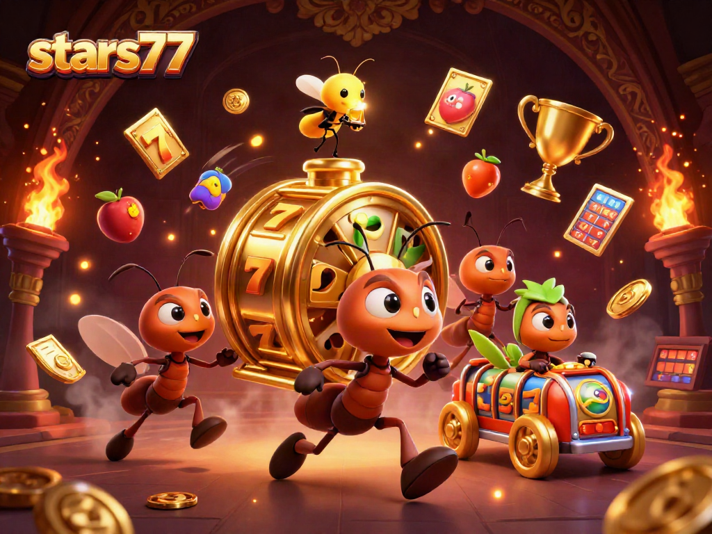 Semut membawa chip slot emas di dunia stars77 yang menegangkan dan ceria.