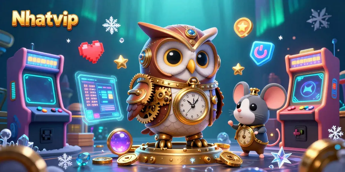 Nhatvip brings a dynamic gambling experience to life with a colorful, steampunk digital casino scene.
