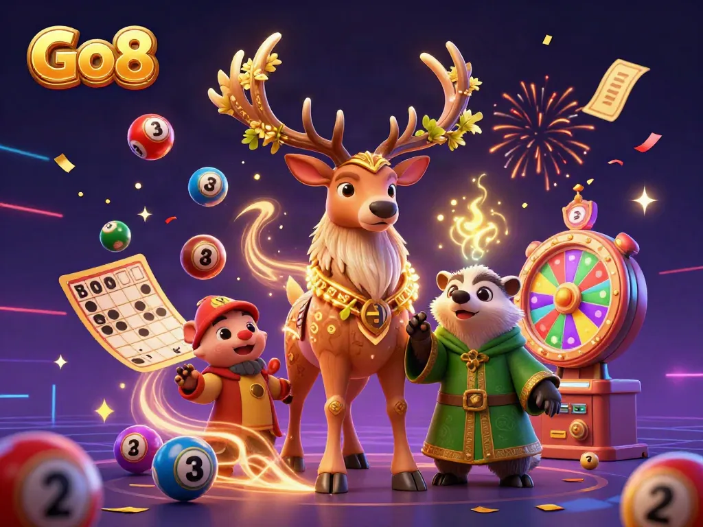 Experience thrilling moments with Go8 as lottery balls and prizes bounce dynamically in a vibrant casino scene.