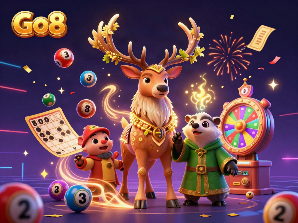 Experience thrilling moments with Go8 as lottery balls and prizes bounce dynamically in a vibrant casino scene.