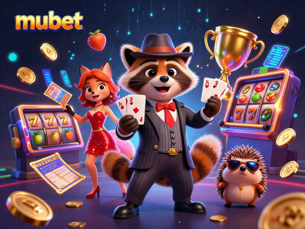 Experience exciting moments with mubet as a raccoon holds a royal flush amid slot reels and golden elements.