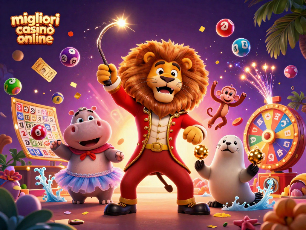 Scopri i migliori casinò online con l'illustrazione di un circo virtuale pieno di giochi e divertimento.