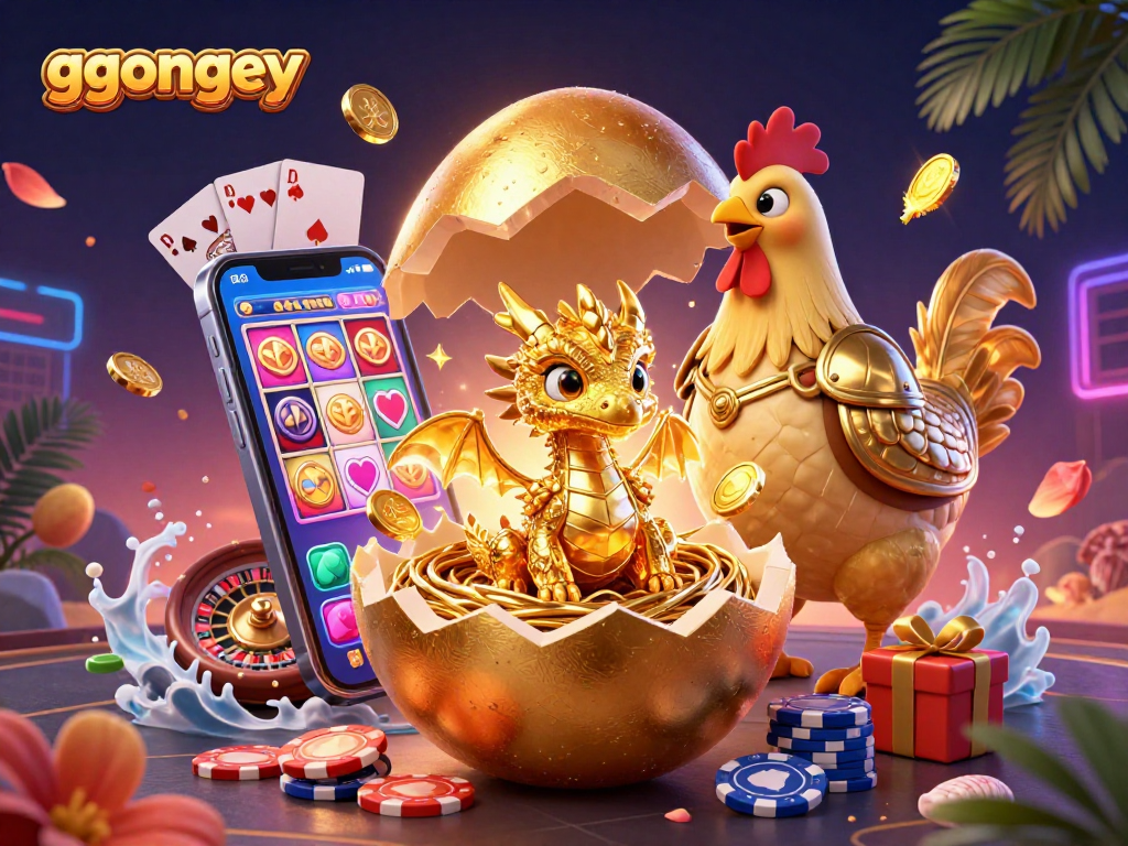 Engage with ggongey featuring golden egg and dragon with dynamic casino elements in a vibrant digital illustration.