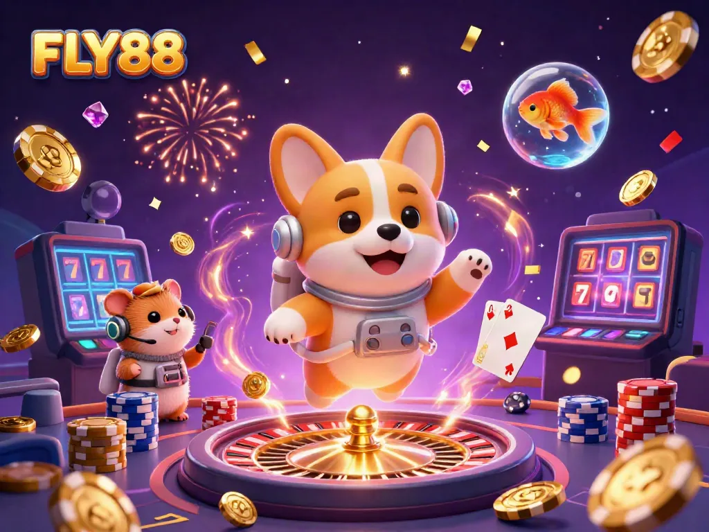 FLY88 offers an engaging casino experience with vibrant characters and dynamic game elements in a fun space setting.