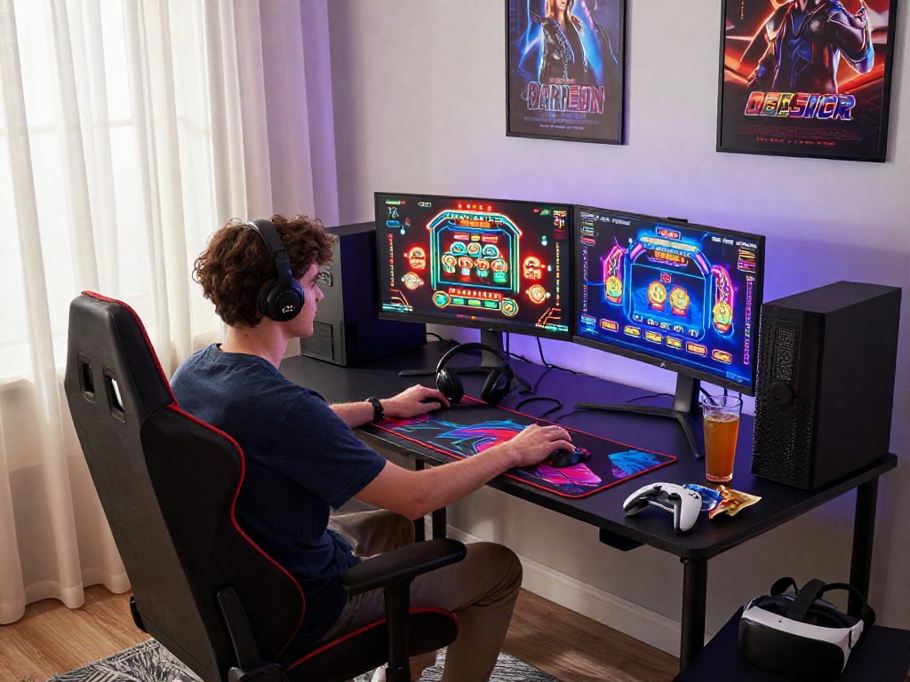 I migliori casinò online mostrati in un'ambientazione di gioco moderna, evidenziando giochi vibranti e attrezzature gaming.