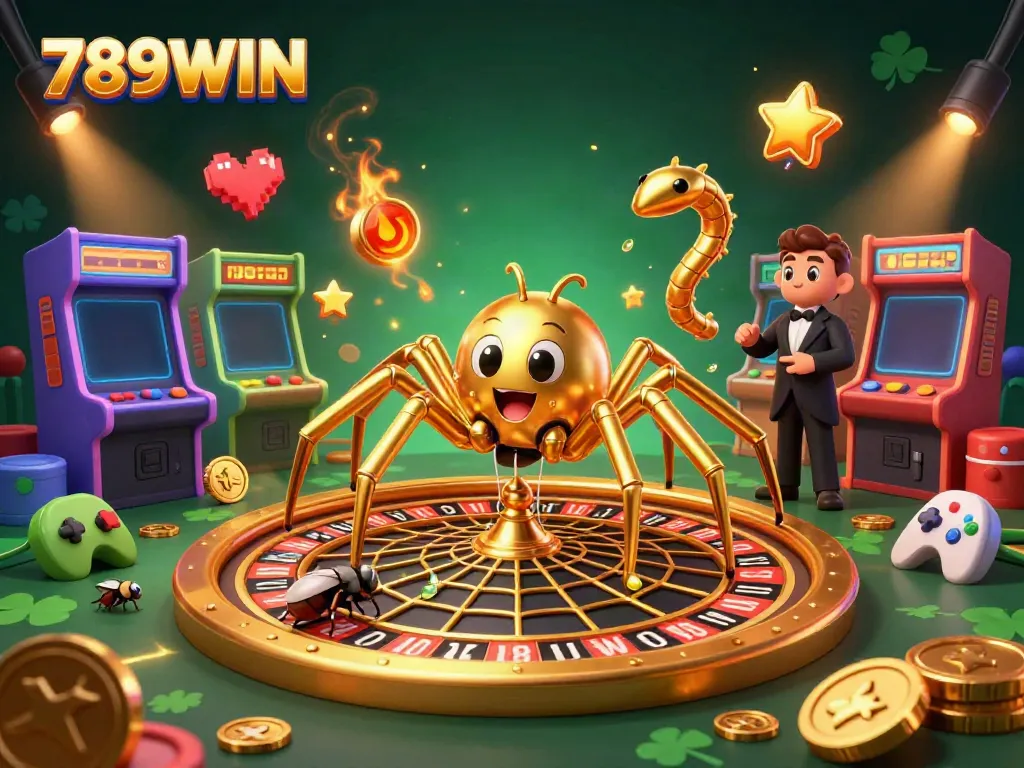 Experience thrilling bets with 789WIN as a golden spider spins a roulette web amid vibrant arcade elements.